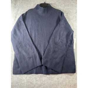 Theo & Spence Navy Blue Ribbed‎ Mock Neck Sweater Oversized Knit Pullover Women